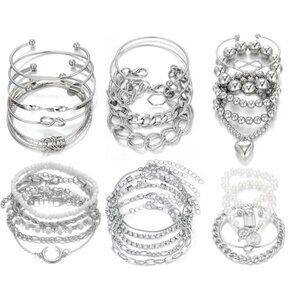 6 PACK (24 PCS) Boho Silver Chain Bracelets Set for Women, Bangles, Stackables
